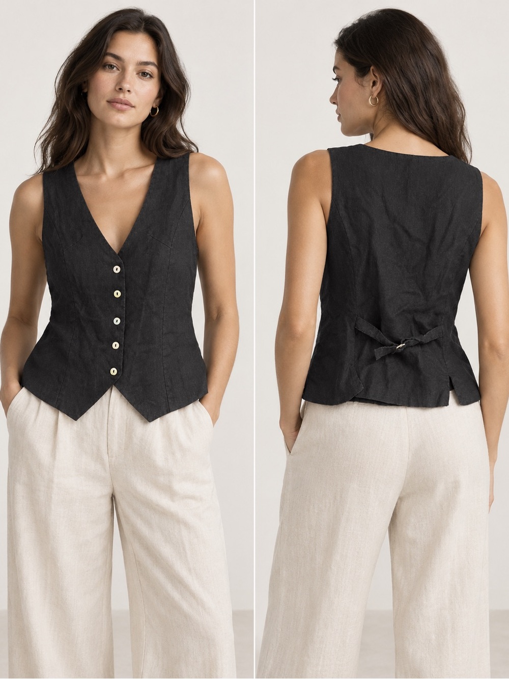 Amazhiyu Black 100% Linen Button Front Vest Size M
